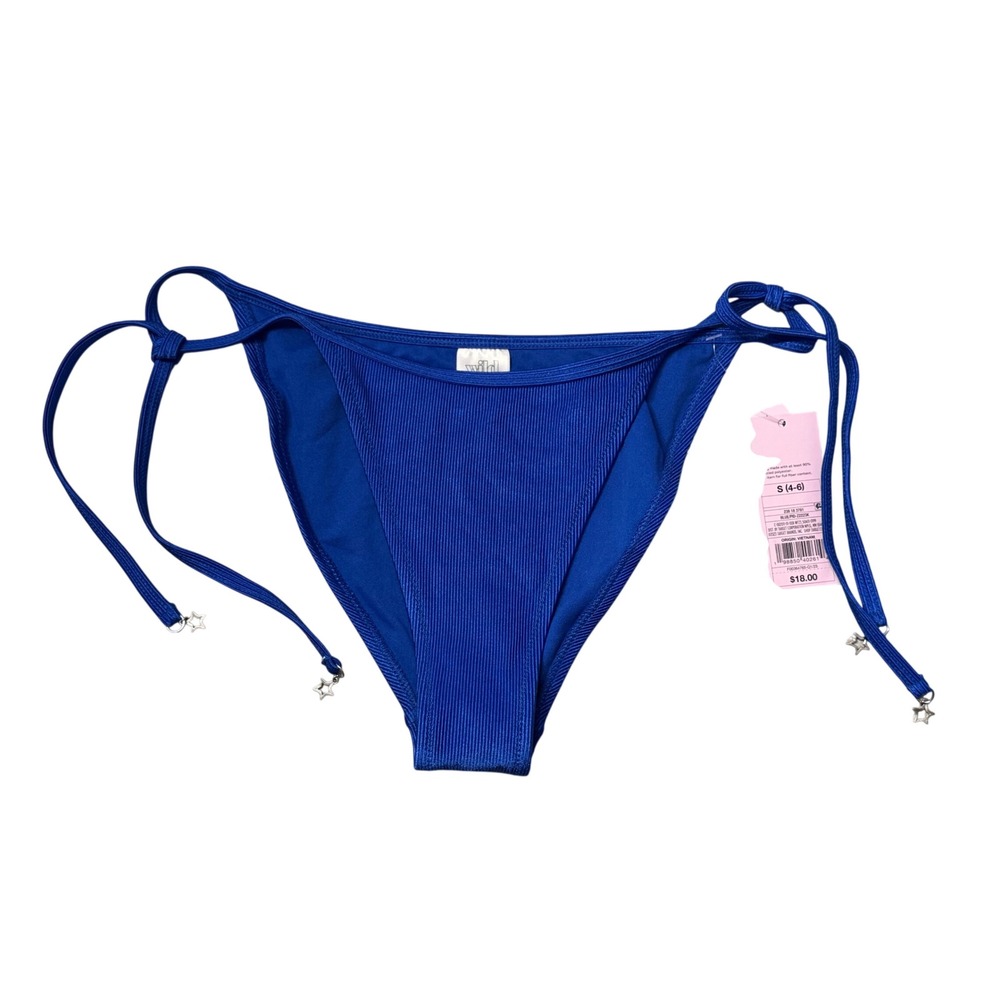 Wild Fable Bikini Bottoms S 4-6 Blue Ribbed Side Tie Star Charm High Leg NWT